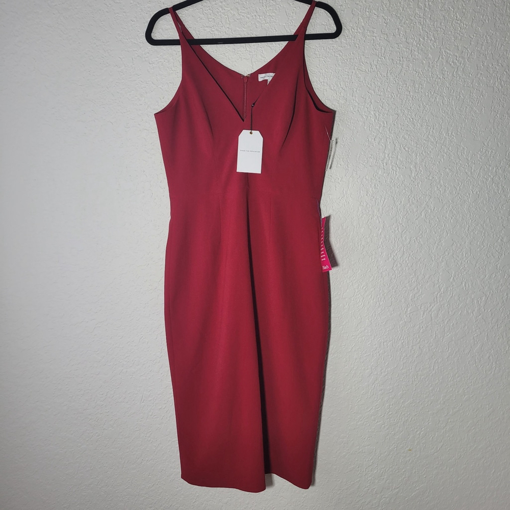 $168 DRESS The POPULATION RED V-Neck Plunge Lyla Stretch Crepe Midi Dress L - Picture 6 of 8